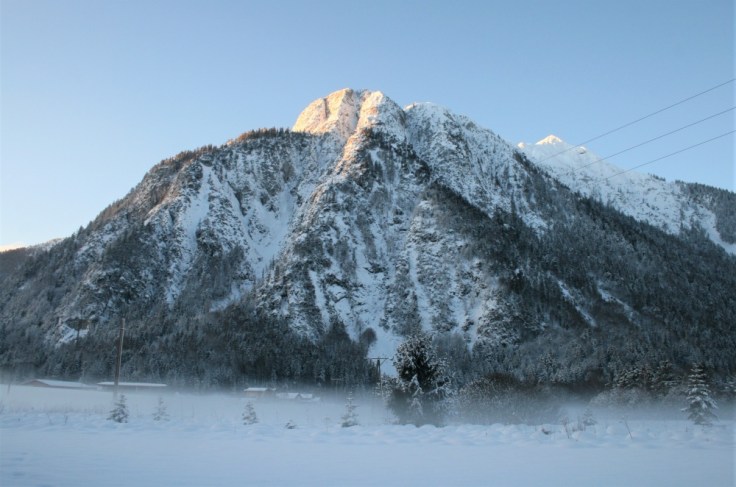 A snow-covered mountain near the town of Maurach in the Austrian Tyrol