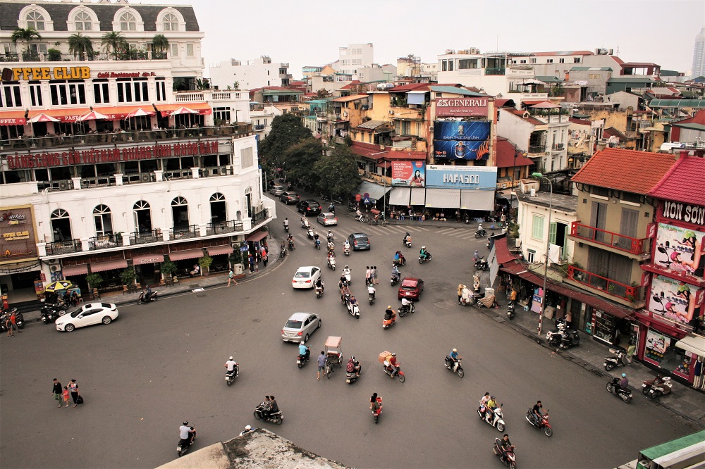 Traffic opposite Hoon Kiem Lake in Hanoi