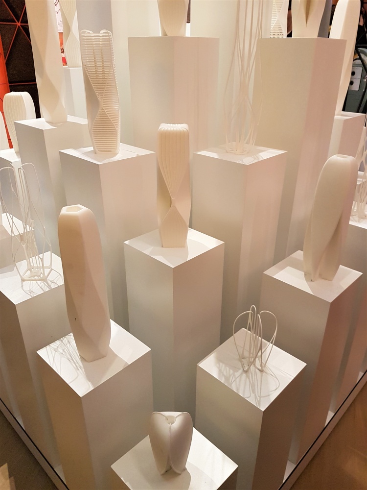 White objects on white plinths at the Design Museum in London