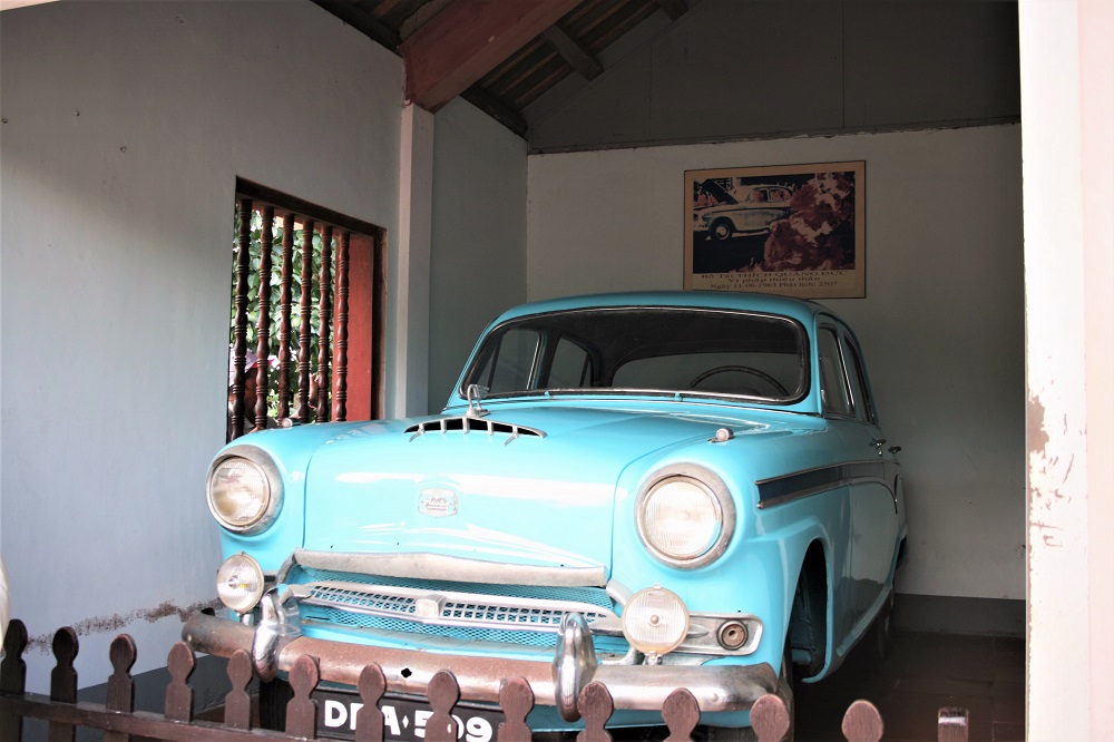 The blue car in which a Buddhist monk, Thich Quan Duc, killed himself in a protest against the discrimination of Buddhists in 1963 on display in the grounds of the Thien Mu Pagoda in Hue