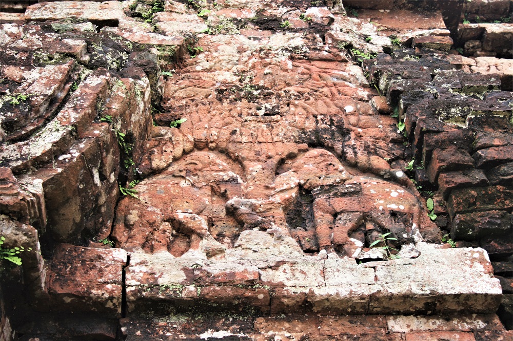 The remains of two elephant sculptures by the Cham people on a temple at My Son