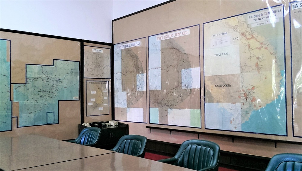 Maps on the wall of the National Security Council Chamber inside the Reunification Palace in Ho Chi Minh City