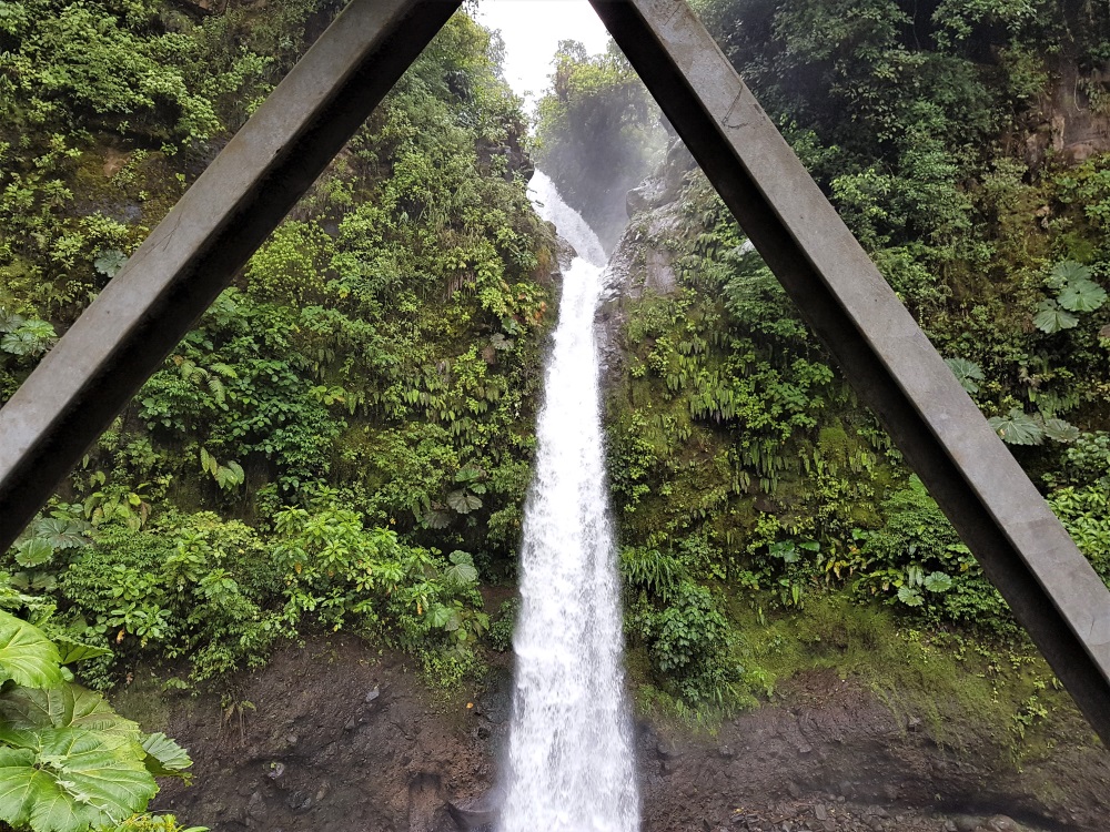 A waterfall by the roadside in Costa Rica