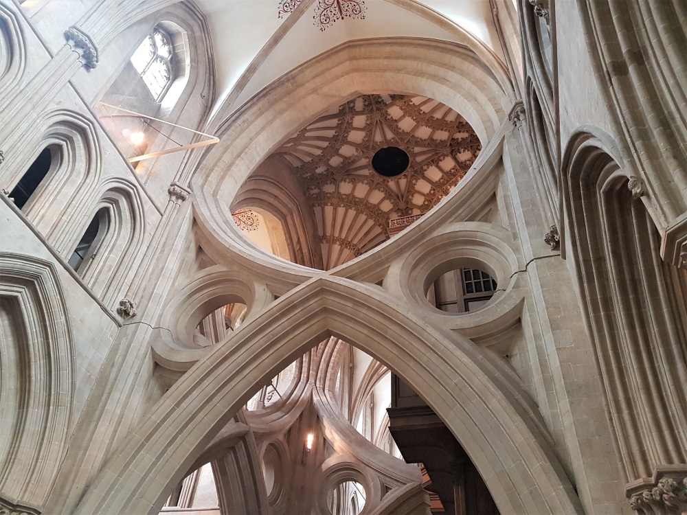 Looking up at the scissor arches in Wells Cathedral