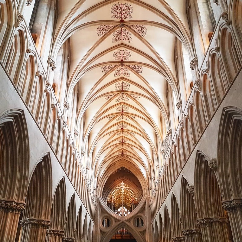 Scissors arches and the ceiling in the nave at Wells Cathedral