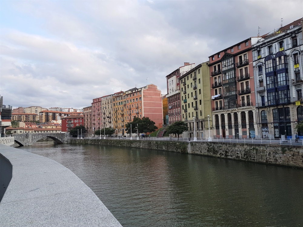 Colourful houses on the banks of the Bilbao River in central Bilbao
