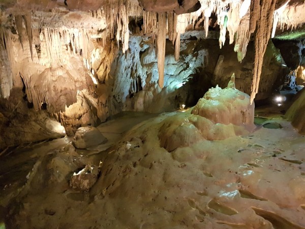 Stalagmites and stalactites inside one of the caverns at the Grottes de Betharram