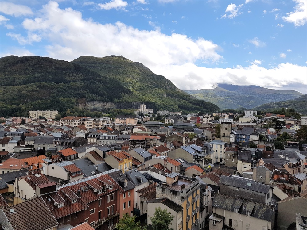 View over Lourdes and the Pyrenees from the ramparts at the town's Chateau-Fort