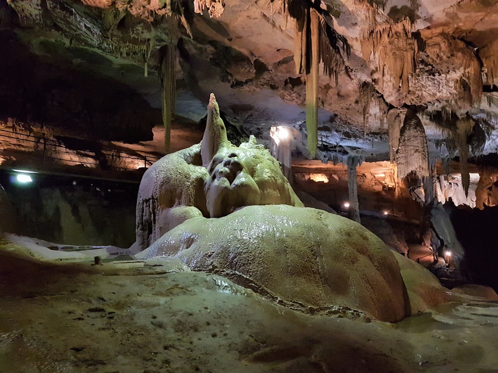 Stalagmites and stalactites in one of the incredible caves at the Grottes de Betharram