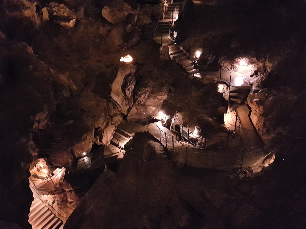 Looking down at the many flights of steps inside the Grottes de Betharram