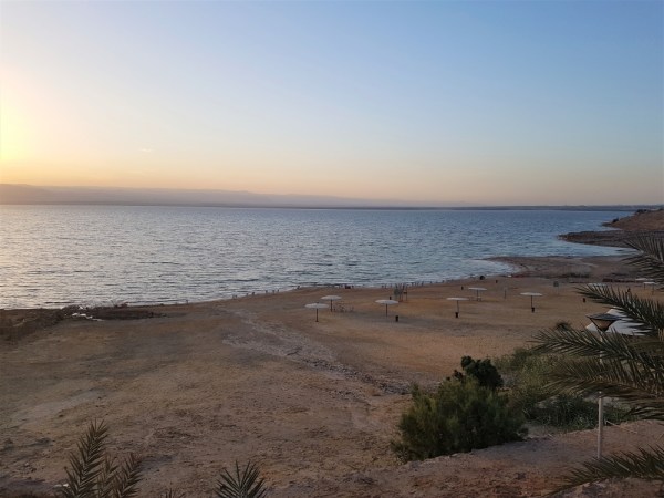The Dead Sea at sunset with Israel in the distance