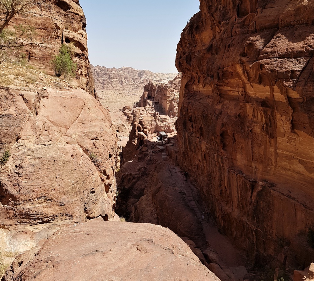 Looking down on the staircases and paths that lead to the High Place of Sacrifice in Petra