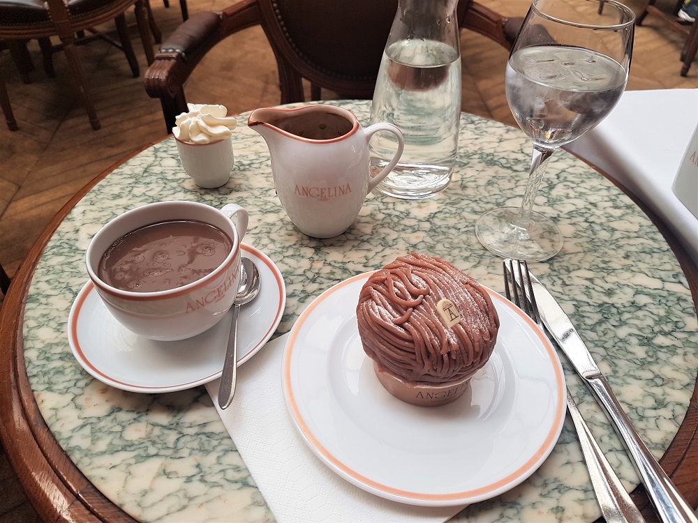 Hot chocolate and the mont blanc dessert at Angelina in Paris