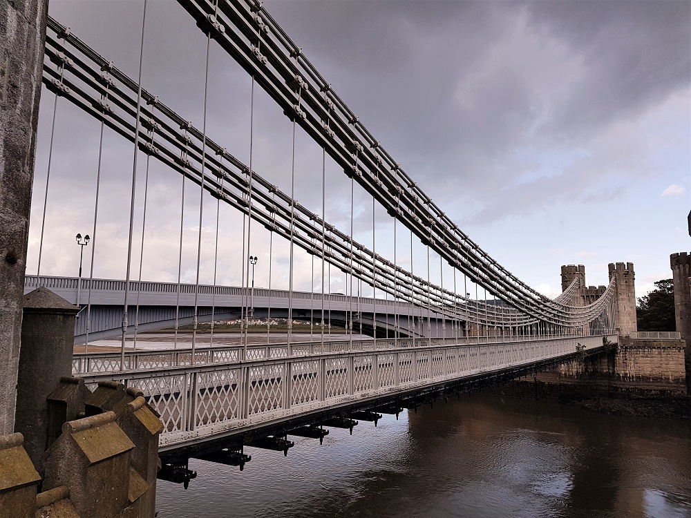 Side view of the Conwy Suspension Bridge