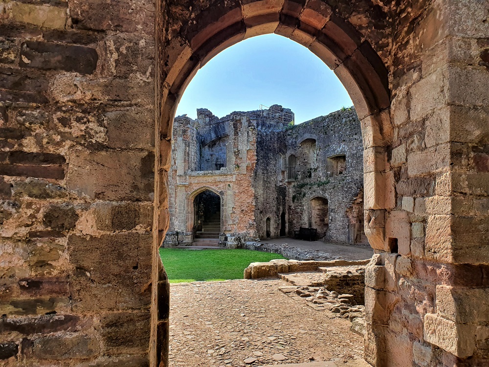 Grand Staircase through a doorway, Raglan Castle