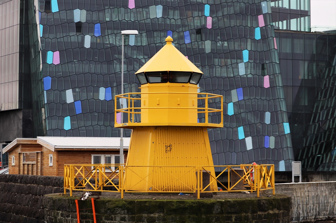 Yellow lighthouse in Reykjavik Harbour